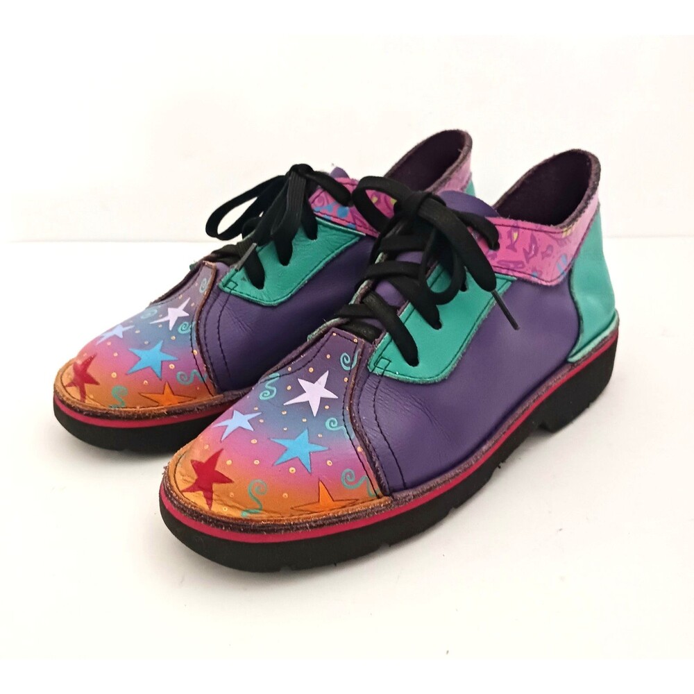 VTG SoleTech Bright Hand Painted Leather Lace Up Oxford Purple/Teal Stars Sz 7